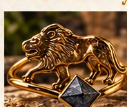 Handcrafted gold lion bracelet with dark hematite pyramid stone